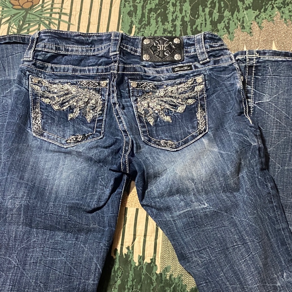 Miss Me Dark Blue Boot Cut Jeans with Silver Embellishments